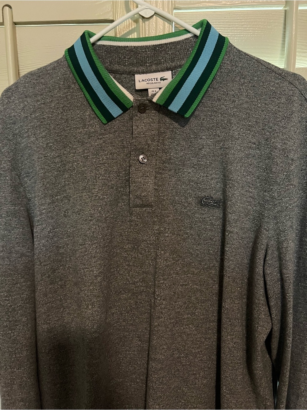 Lacoste Men's Grey Long-Sleeve Polo with Green-Striped Collar Size 6 long sleeve